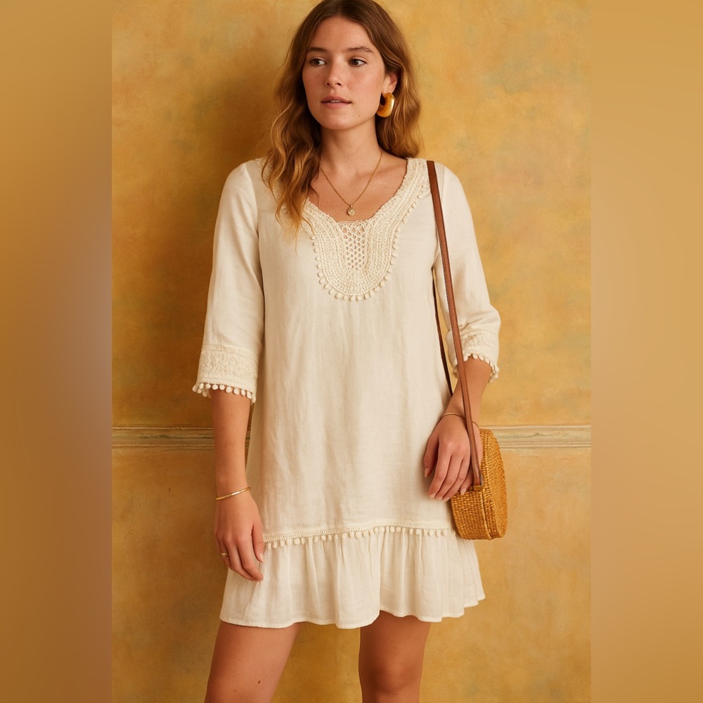 LINEN Cream Tunic Dress with Ruffled 3/4 Sleeves